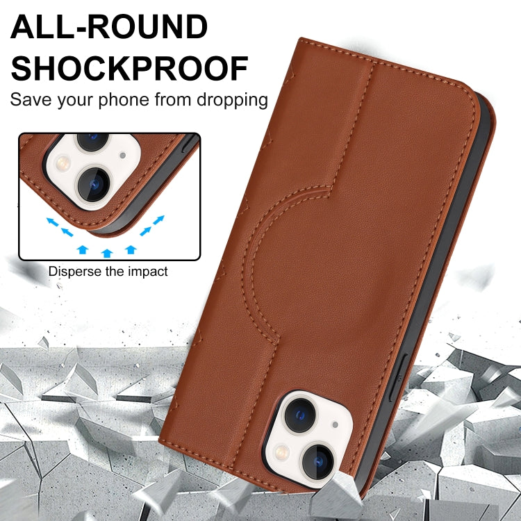 For iPhone 14 Plus Rhombic MagSafe RFID Anti-Theft Wallet Leather Phone Case(Brown) by bashfashion