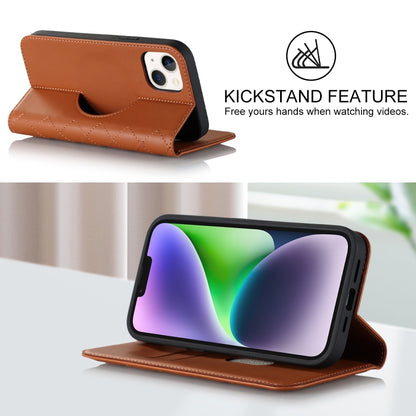 For iPhone 14 Plus Rhombic MagSafe RFID Anti-Theft Wallet Leather Phone Case(Brown) by bashfashion