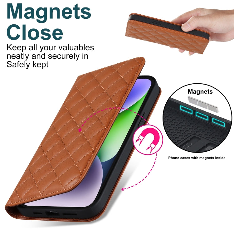 For iPhone 14 Plus Rhombic MagSafe RFID Anti-Theft Wallet Leather Phone Case(Brown) by bashfashion