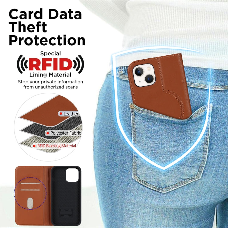 For iPhone 14 Plus Rhombic MagSafe RFID Anti-Theft Wallet Leather Phone Case(Brown) by bashfashion