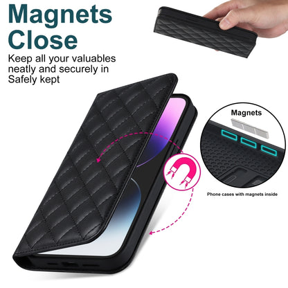 For iPhone 14 Pro Rhombic MagSafe RFID Anti-Theft Wallet Leather Phone Case(Black) by bashfashion