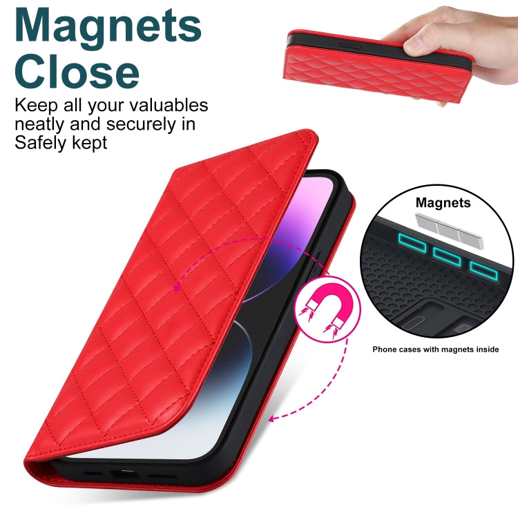 For iPhone 14 Pro Rhombic MagSafe RFID Anti-Theft Wallet Leather Phone Case(Red) by bashfashion