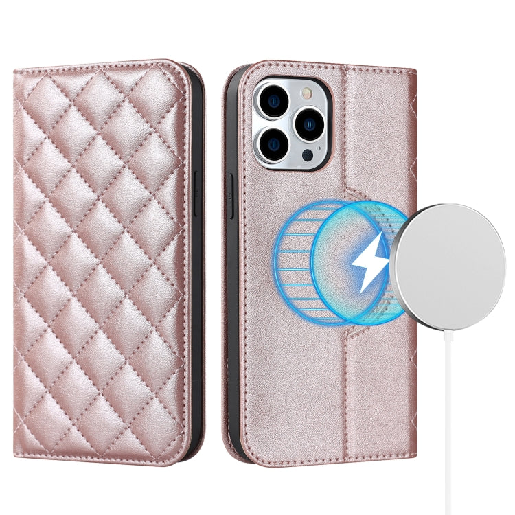 For iPhone 14 Pro Rhombic MagSafe RFID Anti-Theft Wallet Leather Phone Case(Rose Gold) by bashfashion