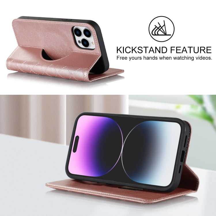 For iPhone 14 Pro Rhombic MagSafe RFID Anti-Theft Wallet Leather Phone Case(Rose Gold) by bashfashion
