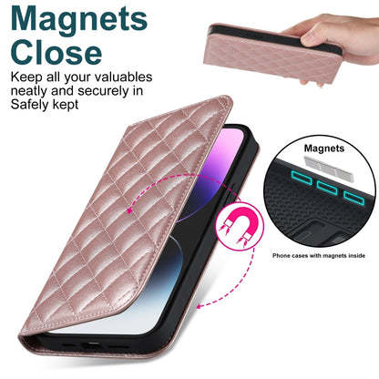 For iPhone 14 Pro Rhombic MagSafe RFID Anti-Theft Wallet Leather Phone Case(Rose Gold) by bashfashion