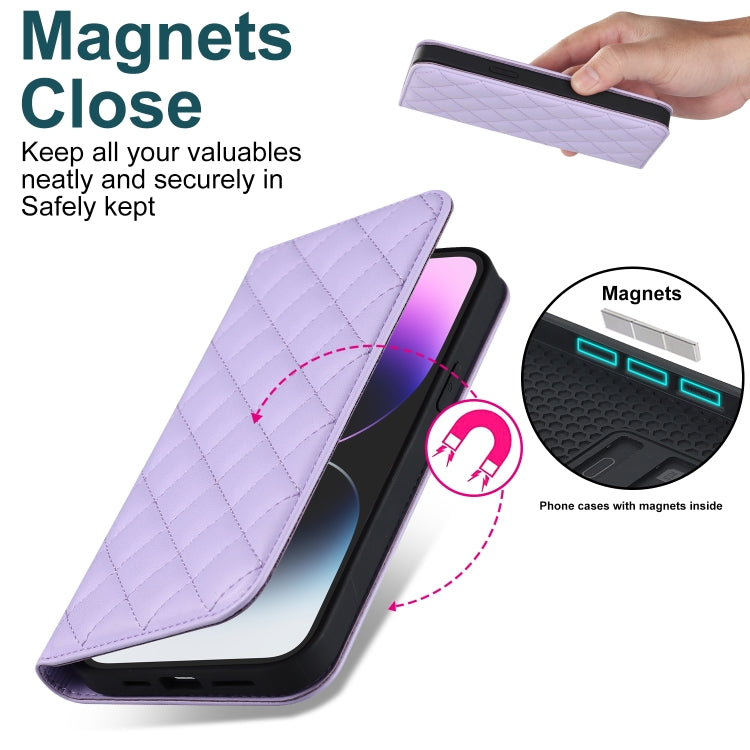 For iPhone 14 Pro Rhombic MagSafe RFID Anti-Theft Wallet Leather Phone Case(Purple) by bashfashion