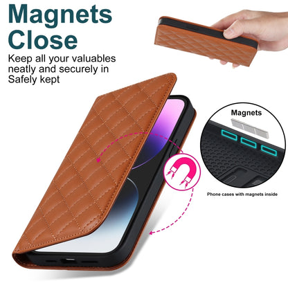 For iPhone 14 Pro Rhombic MagSafe RFID Anti-Theft Wallet Leather Phone Case(Brown) by bashfashion