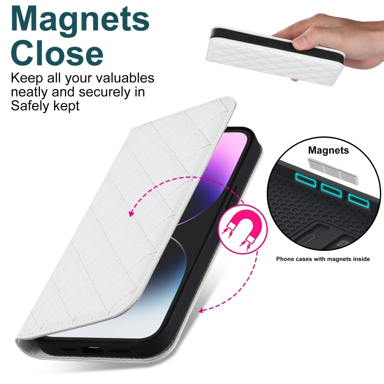 For iPhone 14 Pro Max Rhombic MagSafe RFID Anti-Theft Wallet Leather Phone Case(White) by bashfashion