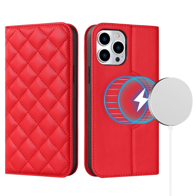 For iPhone 14 Pro Max Rhombic MagSafe RFID Anti-Theft Wallet Leather Phone Case(Red) by bashfashion