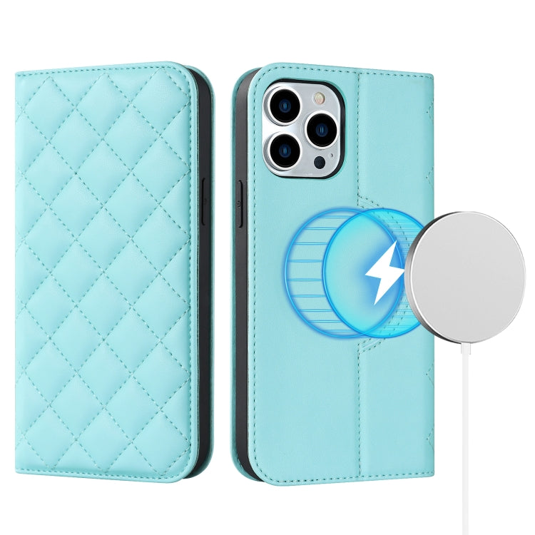 For iPhone 14 Pro Max Rhombic MagSafe RFID Anti-Theft Wallet Leather Phone Case(Sky Blue) by bashfashion