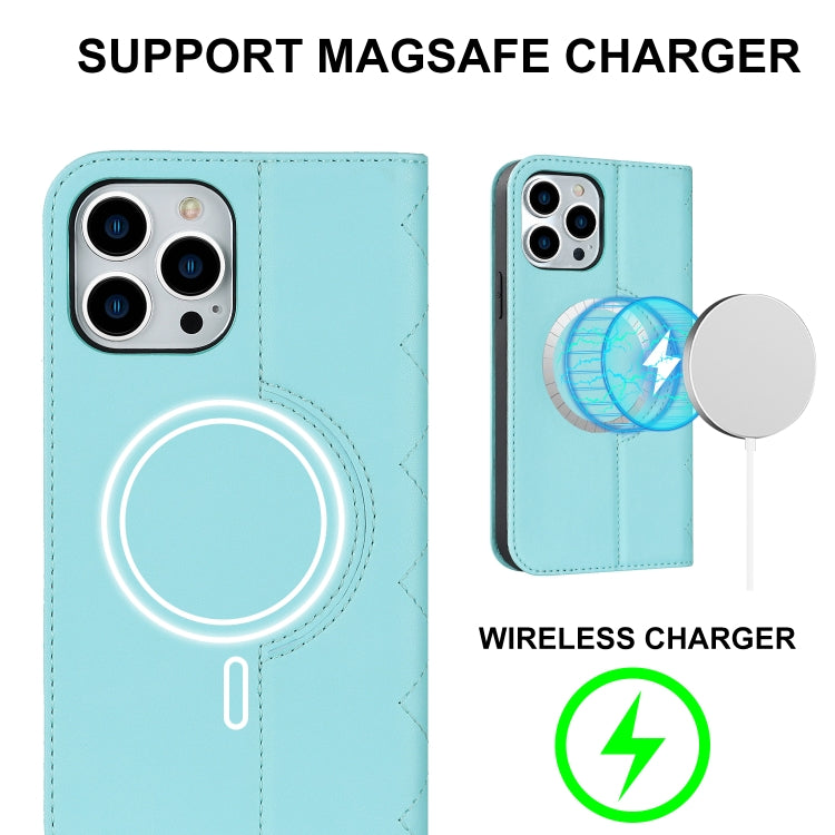 For iPhone 14 Pro Max Rhombic MagSafe RFID Anti-Theft Wallet Leather Phone Case(Sky Blue) by bashfashion