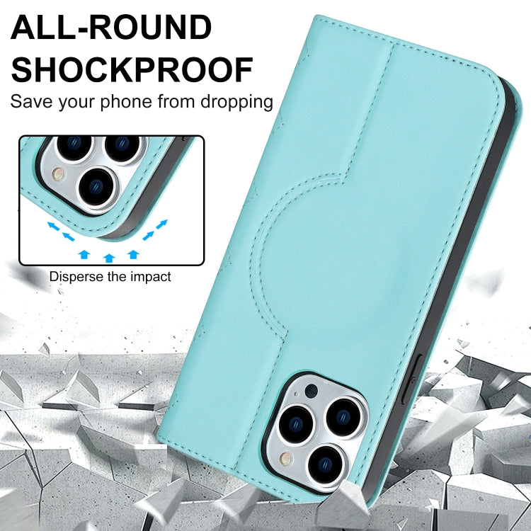For iPhone 14 Pro Max Rhombic MagSafe RFID Anti-Theft Wallet Leather Phone Case(Sky Blue) by bashfashion