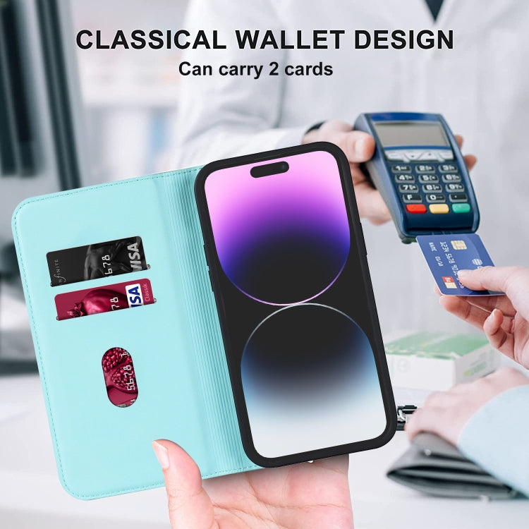 For iPhone 14 Pro Max Rhombic MagSafe RFID Anti-Theft Wallet Leather Phone Case(Sky Blue) by bashfashion