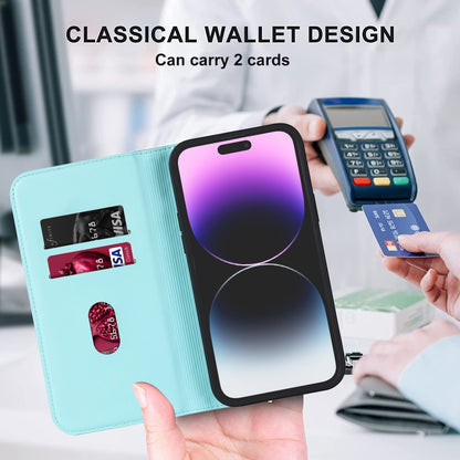 For iPhone 14 Pro Max Rhombic MagSafe RFID Anti-Theft Wallet Leather Phone Case(Sky Blue) by bashfashion