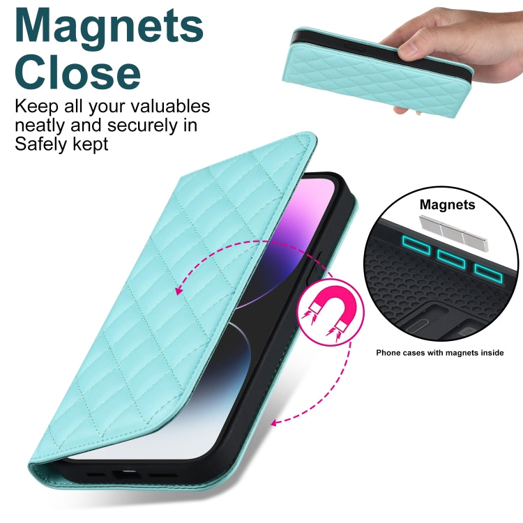 For iPhone 14 Pro Max Rhombic MagSafe RFID Anti-Theft Wallet Leather Phone Case(Sky Blue) by bashfashion