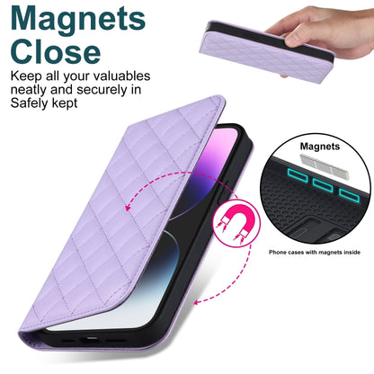 For iPhone 14 Pro Max Rhombic MagSafe RFID Anti-Theft Wallet Leather Phone Case(Purple) by bashfashion