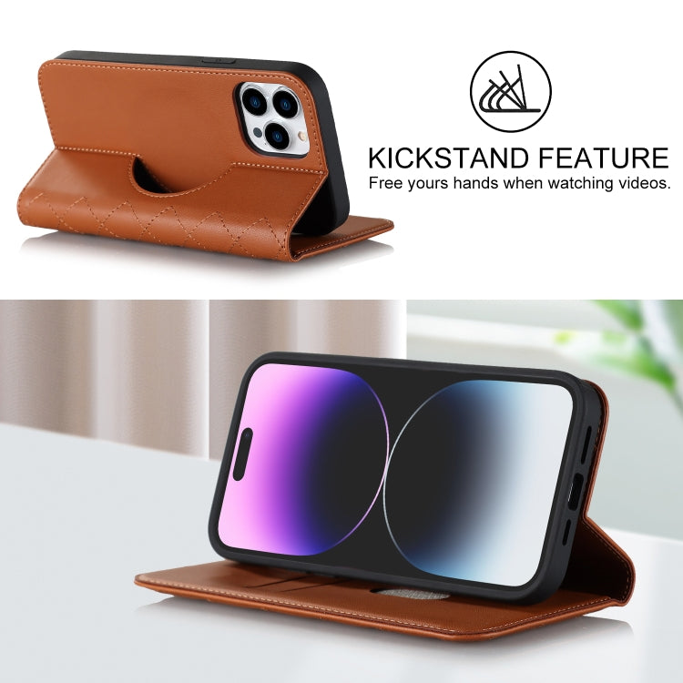 For iPhone 14 Pro Max Rhombic MagSafe RFID Anti-Theft Wallet Leather Phone Case(Brown) by bashfashion
