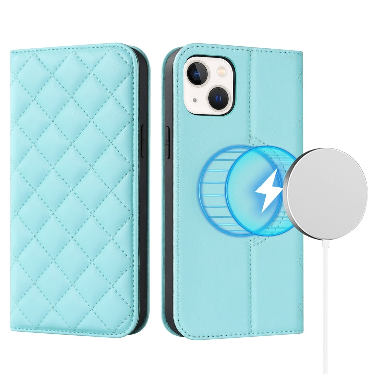 For iPhone 13 Rhombic MagSafe RFID Anti-Theft Wallet Leather Phone Case(Sky Blue) by bashfashion