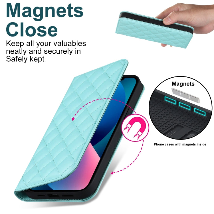 For iPhone 13 Rhombic MagSafe RFID Anti-Theft Wallet Leather Phone Case(Sky Blue) by bashfashion