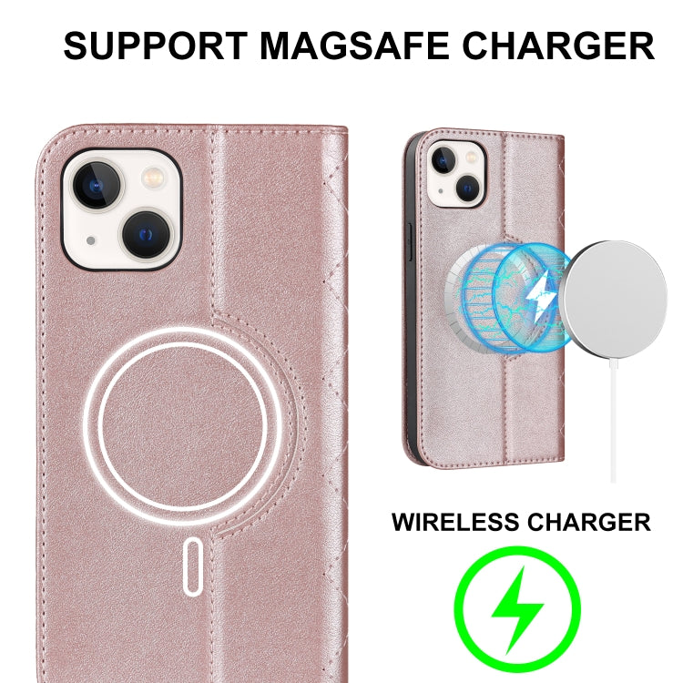 For iPhone 13 Rhombic MagSafe RFID Anti-Theft Wallet Leather Phone Case(Rose Gold) by bashfashion