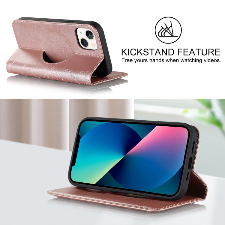 For iPhone 13 Rhombic MagSafe RFID Anti-Theft Wallet Leather Phone Case(Rose Gold) by bashfashion