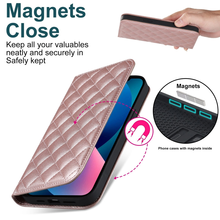 For iPhone 13 Rhombic MagSafe RFID Anti-Theft Wallet Leather Phone Case(Rose Gold) by bashfashion