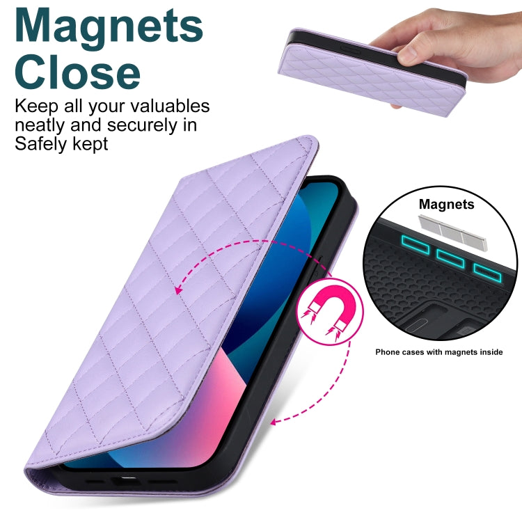 For iPhone 13 Rhombic MagSafe RFID Anti-Theft Wallet Leather Phone Case(Purple) by bashfashion