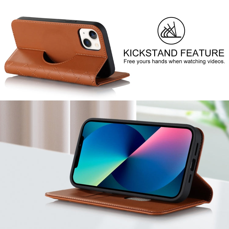 For iPhone 13 Rhombic MagSafe RFID Anti-Theft Wallet Leather Phone Case(Brown) by bashfashion