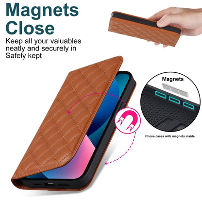 For iPhone 13 Rhombic MagSafe RFID Anti-Theft Wallet Leather Phone Case(Brown) by bashfashion