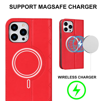 For iPhone 13 Pro Rhombic MagSafe RFID Anti-Theft Wallet Leather Phone Case(Red) by bashfashion