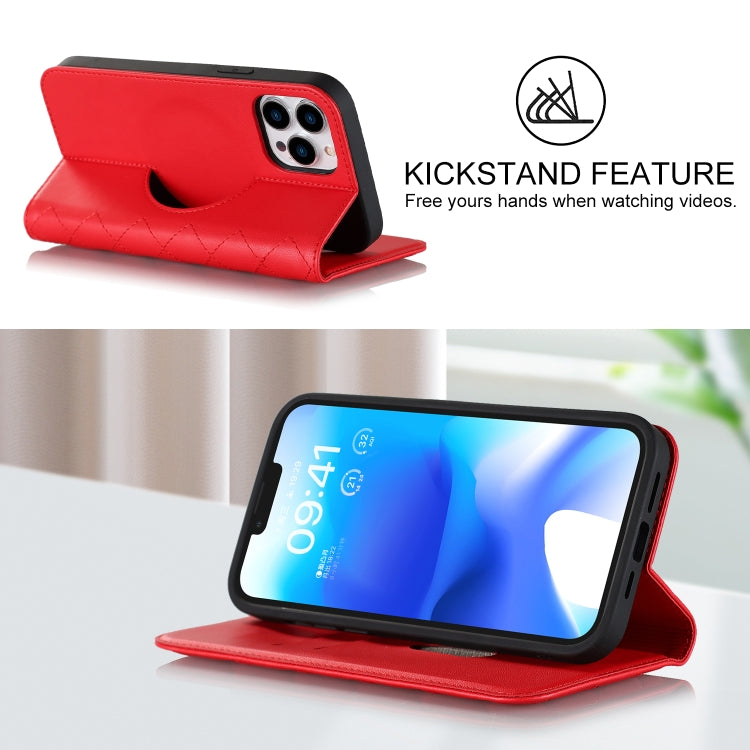 For iPhone 13 Pro Rhombic MagSafe RFID Anti-Theft Wallet Leather Phone Case(Red) by bashfashion