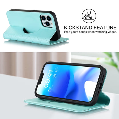 For iPhone 13 Pro Rhombic MagSafe RFID Anti-Theft Wallet Leather Phone Case(Sky Blue) by bashfashion