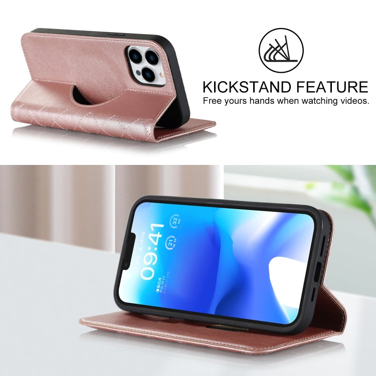 For iPhone 13 Pro Rhombic MagSafe RFID Anti-Theft Wallet Leather Phone Case(Rose Gold) by bashfashion