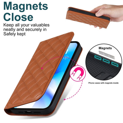 For iPhone 13 Pro Rhombic MagSafe RFID Anti-Theft Wallet Leather Phone Case(Brown) by bashfashion