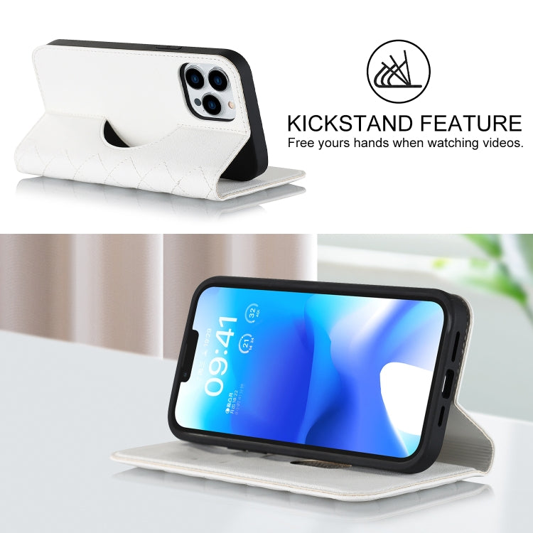 For iPhone 13 Pro Max Rhombic MagSafe RFID Anti-Theft Wallet Leather Phone Case(White) by bashfashion