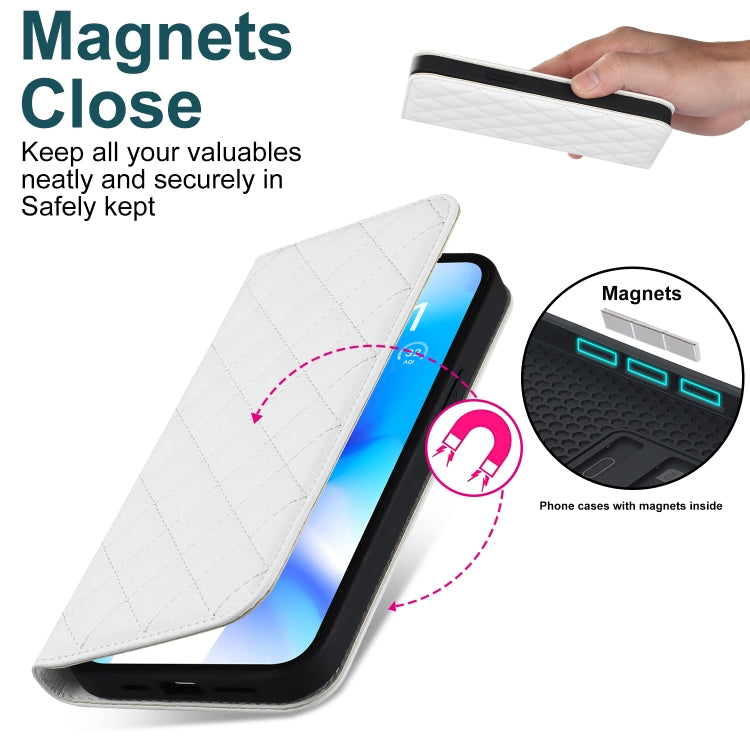 For iPhone 13 Pro Max Rhombic MagSafe RFID Anti-Theft Wallet Leather Phone Case(White) by bashfashion