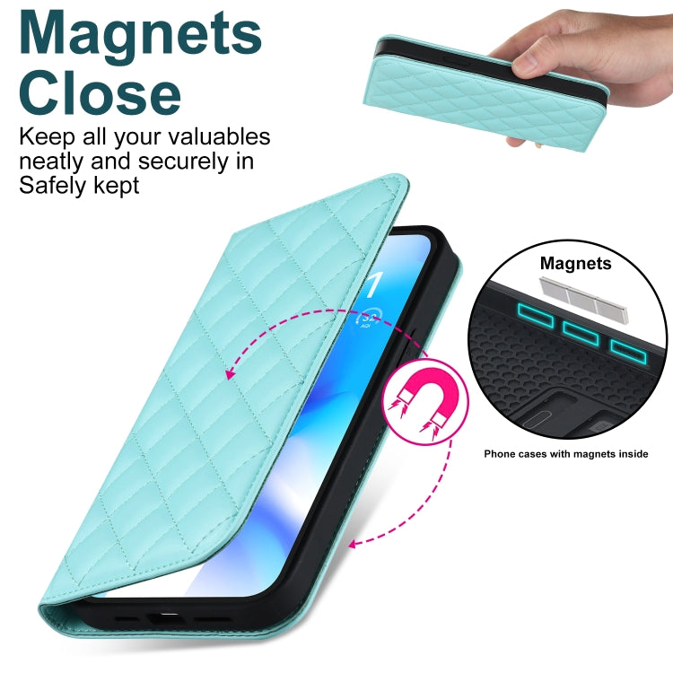 For iPhone 13 Pro Max Rhombic MagSafe RFID Anti-Theft Wallet Leather Phone Case(Sky Blue) by bashfashion