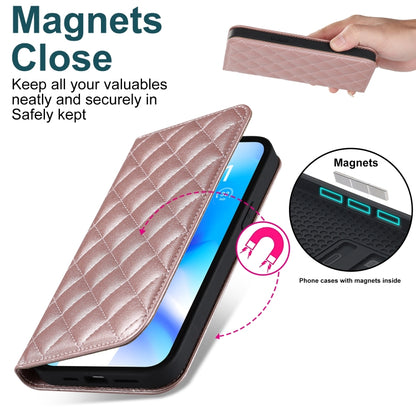 For iPhone 13 Pro Max Rhombic MagSafe RFID Anti-Theft Wallet Leather Phone Case(Rose Gold) by bashfashion