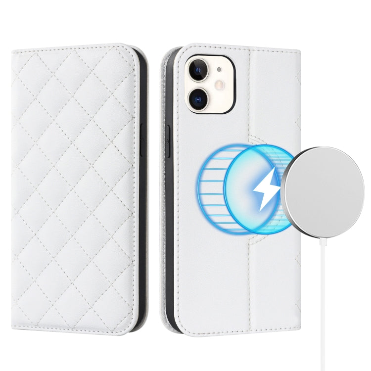 For iPhone 12 mini Rhombic MagSafe RFID Anti-Theft Wallet Leather Phone Case(White) by bashfashion