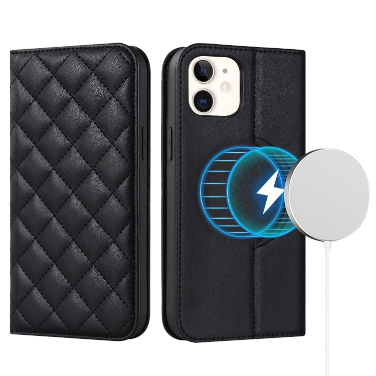 For iPhone 12 mini Rhombic MagSafe RFID Anti-Theft Wallet Leather Phone Case(Black) by bashfashion