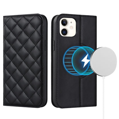 For iPhone 12 mini Rhombic MagSafe RFID Anti-Theft Wallet Leather Phone Case(Black) by bashfashion