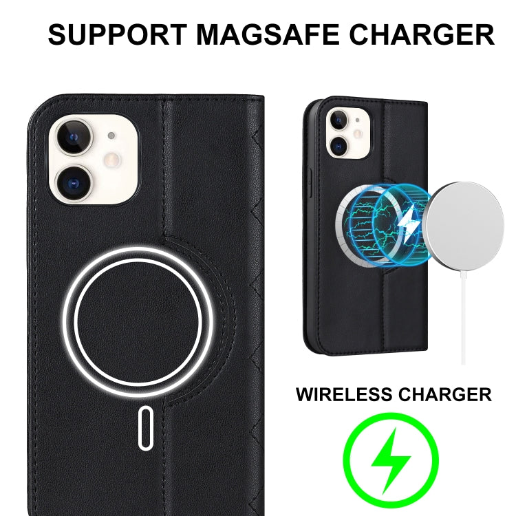 For iPhone 12 mini Rhombic MagSafe RFID Anti-Theft Wallet Leather Phone Case(Black) by bashfashion
