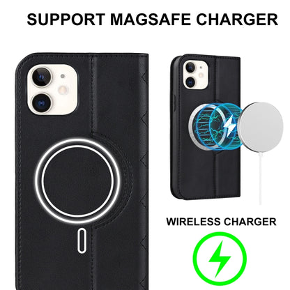 For iPhone 12 mini Rhombic MagSafe RFID Anti-Theft Wallet Leather Phone Case(Black) by bashfashion