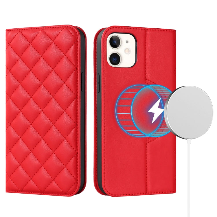 For iPhone 12 mini Rhombic MagSafe RFID Anti-Theft Wallet Leather Phone Case(Red) by bashfashion