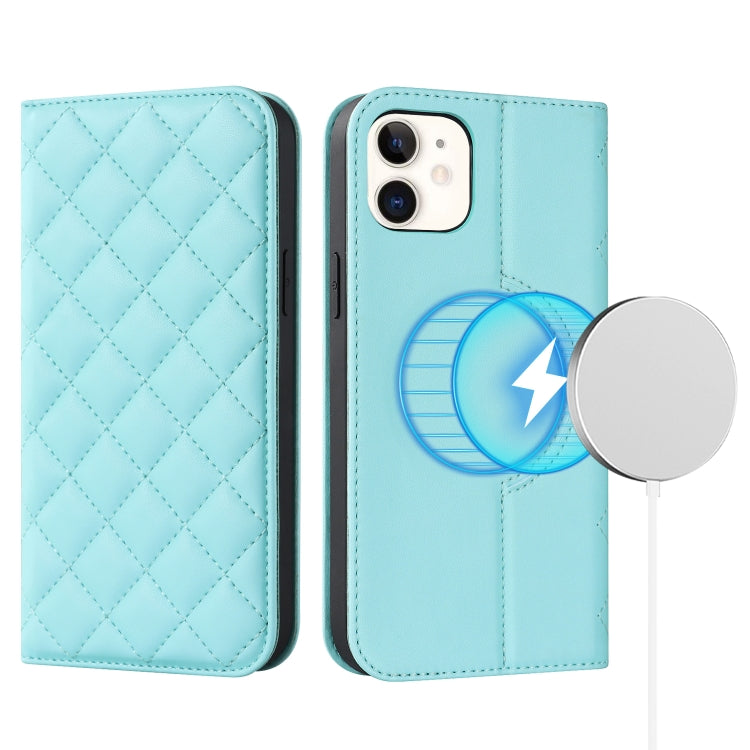 For iPhone 12 mini Rhombic MagSafe RFID Anti-Theft Wallet Leather Phone Case(Sky Blue) by bashfashion