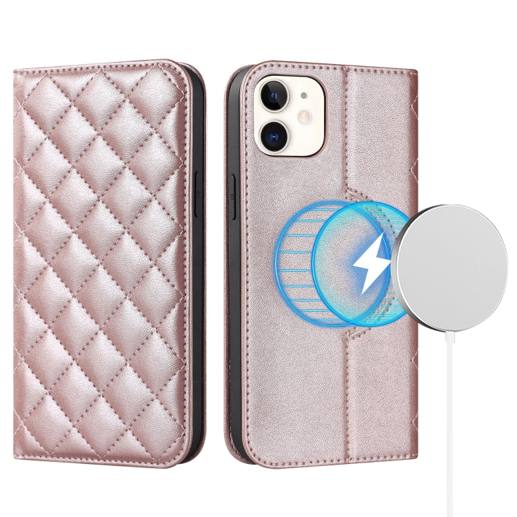 For iPhone 12 mini Rhombic MagSafe RFID Anti-Theft Wallet Leather Phone Case(Rose Gold) by bashfashion