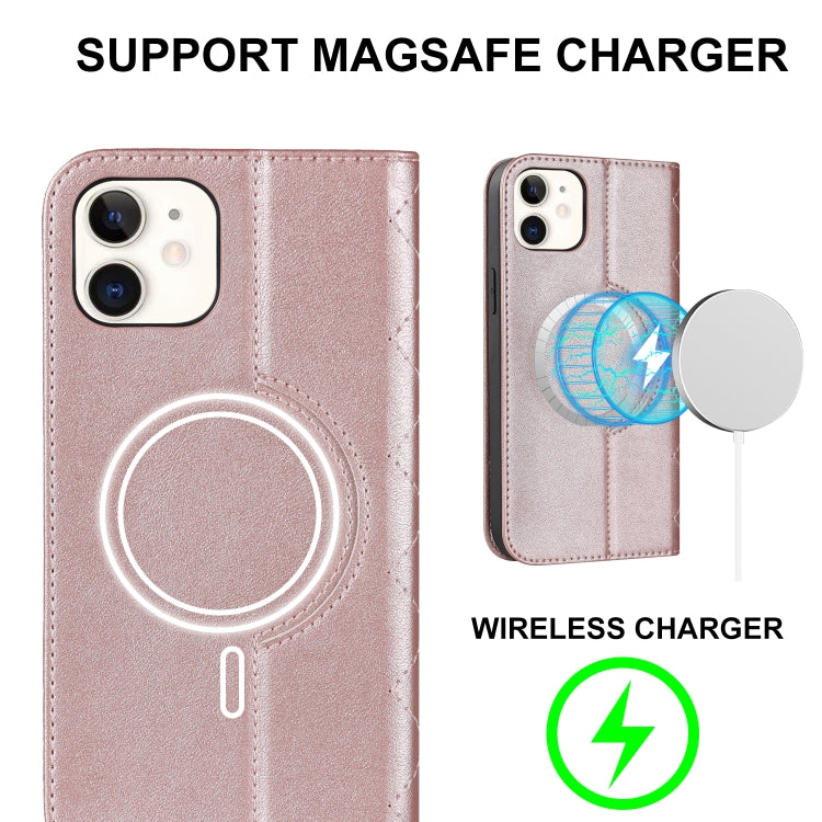 For iPhone 12 mini Rhombic MagSafe RFID Anti-Theft Wallet Leather Phone Case(Rose Gold) by bashfashion
