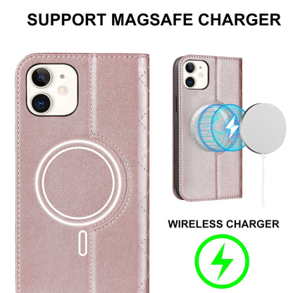 For iPhone 12 mini Rhombic MagSafe RFID Anti-Theft Wallet Leather Phone Case(Rose Gold) by bashfashion
