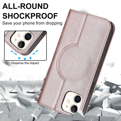 For iPhone 12 mini Rhombic MagSafe RFID Anti-Theft Wallet Leather Phone Case(Rose Gold) by bashfashion