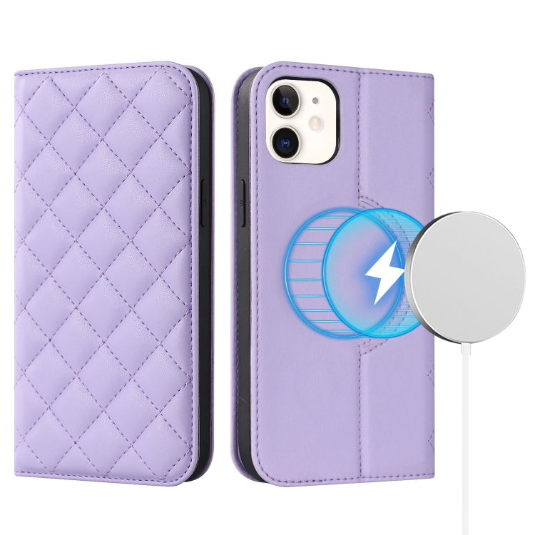 For iPhone 12 mini Rhombic MagSafe RFID Anti-Theft Wallet Leather Phone Case(Purple) by bashfashion